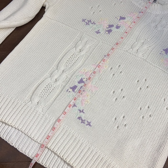 Vintage Pastel Floral Embroidered Cable Knit Crewneck Grandma Sweater - Picture 9 of 11